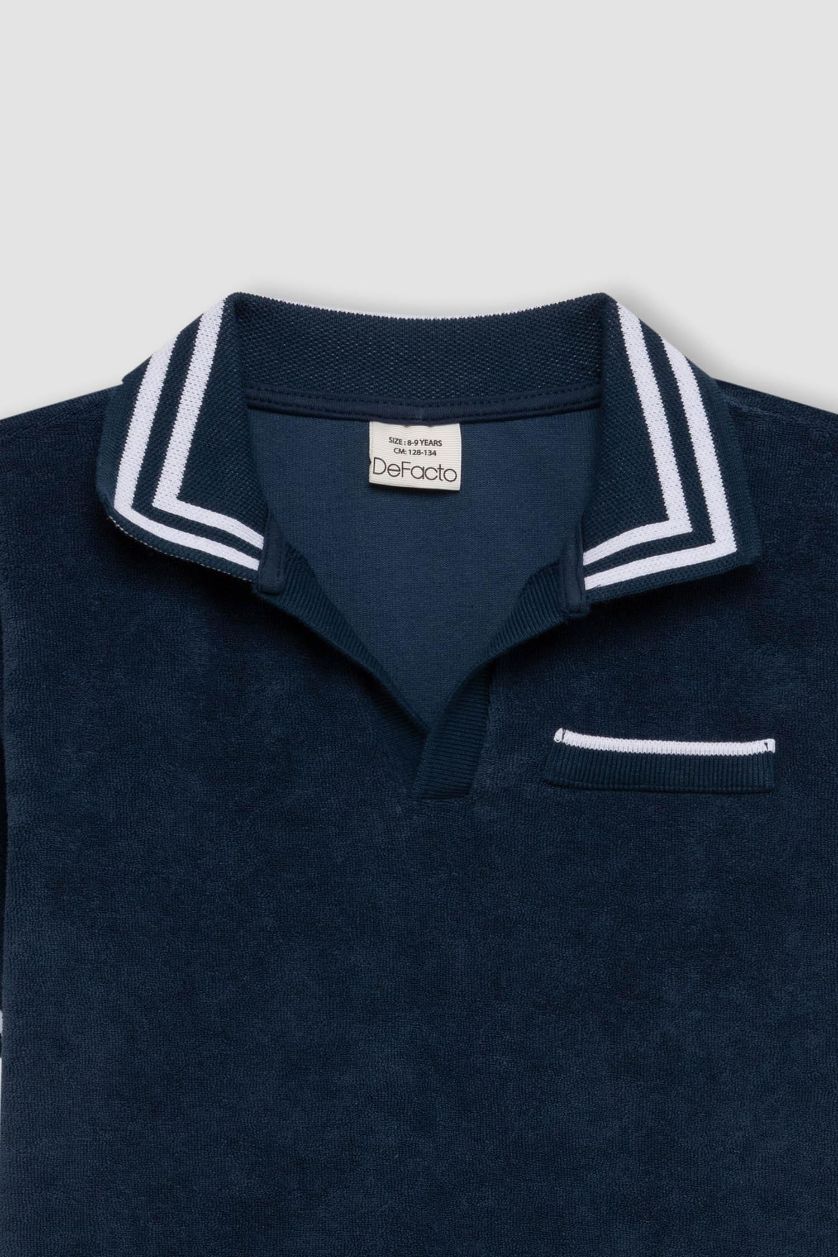 Erkek Çocuk - Genç Erkek İndigo Apaş Yaka Havlu Kumaş Kısa Kollu Tişört Erkek Çocuk