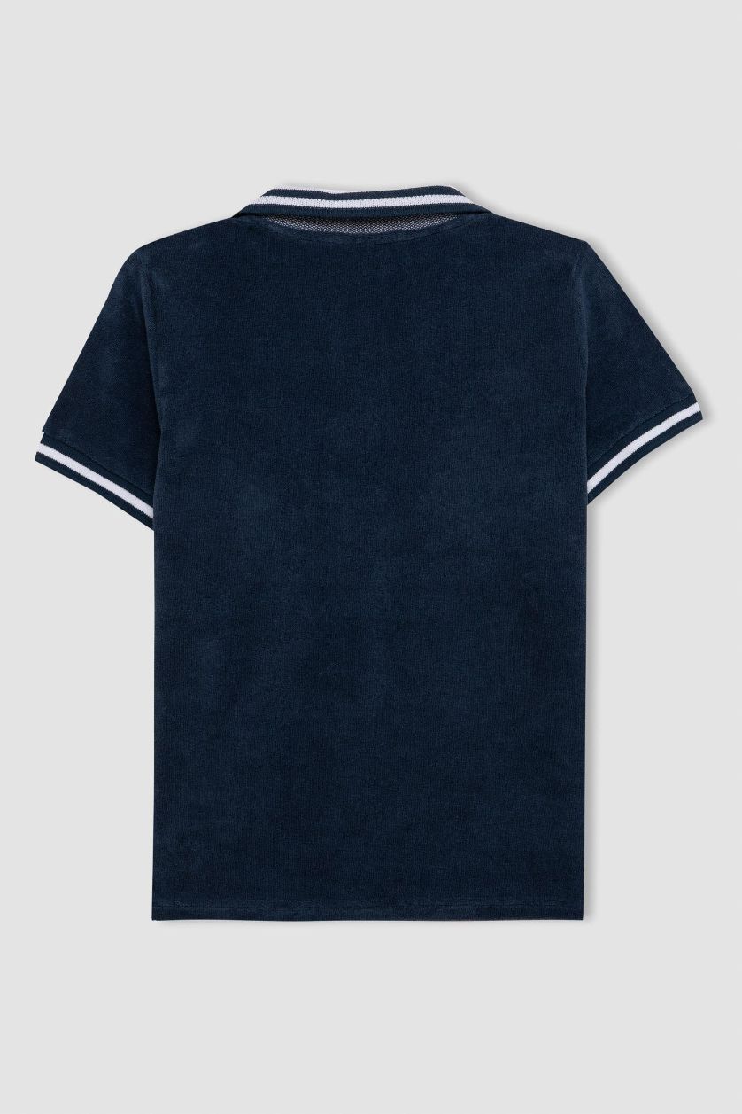 Erkek Çocuk - Genç Erkek İndigo Apaş Yaka Havlu Kumaş Kısa Kollu Tişört Erkek Çocuk