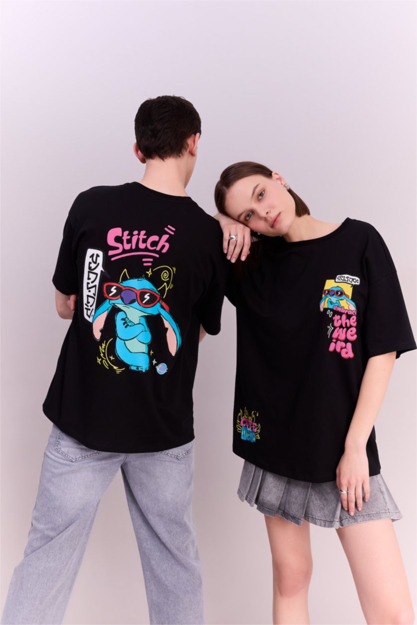 FEMME Noir T-Shirt Oversize Imprimé Disney Lilo & Stitch à Manches Courtes Col Rond