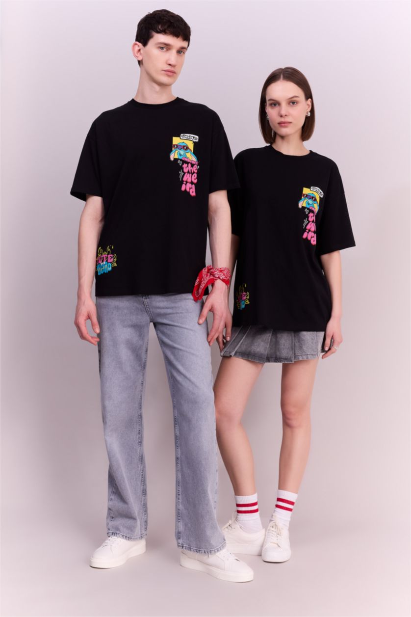 FEMME Noir T-Shirt Oversize Imprimé Disney Lilo & Stitch à Manches Courtes Col Rond