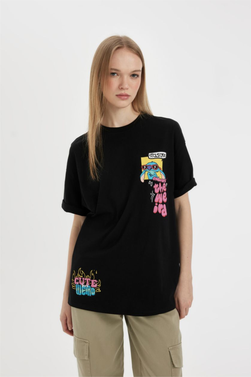 FEMME Noir T-Shirt Oversize Imprimé Disney Lilo & Stitch à Manches Courtes Col Rond