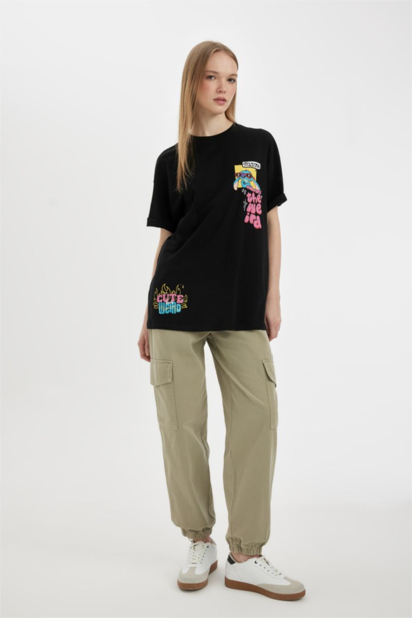 FEMME Noir T-Shirt Oversize Imprimé Disney Lilo & Stitch à Manches Courtes Col Rond