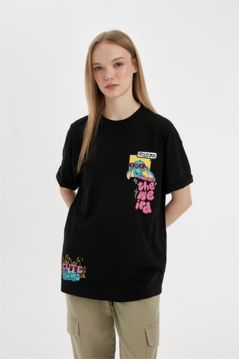 FEMME Noir T-Shirt Oversize Imprimé Disney Lilo & Stitch à Manches Courtes Col Rond