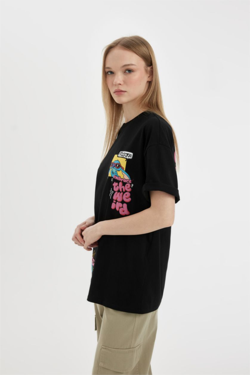 FEMME Noir T-Shirt Oversize Imprimé Disney Lilo & Stitch à Manches Courtes Col Rond