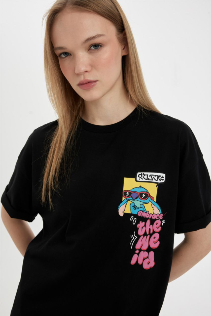 FEMME Noir T-Shirt Oversize Imprimé Disney Lilo & Stitch à Manches Courtes Col Rond