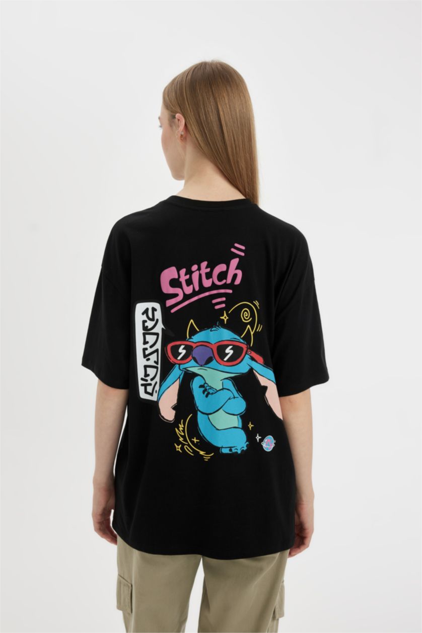 FEMME Noir T-Shirt Oversize Imprimé Disney Lilo & Stitch à Manches Courtes Col Rond