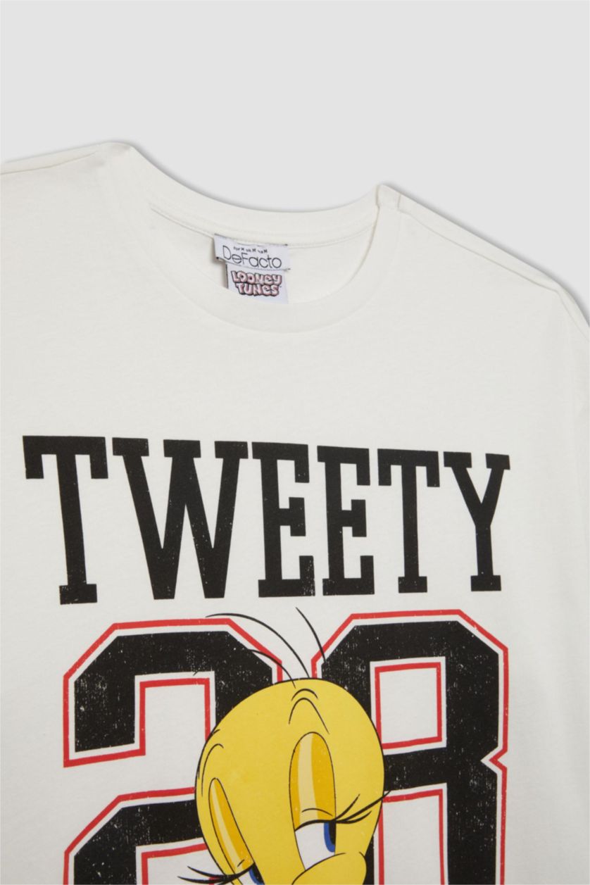 نساء اوف وايت تيشيرت اوفر سايز بياخة مستديرة من Looney Tunes