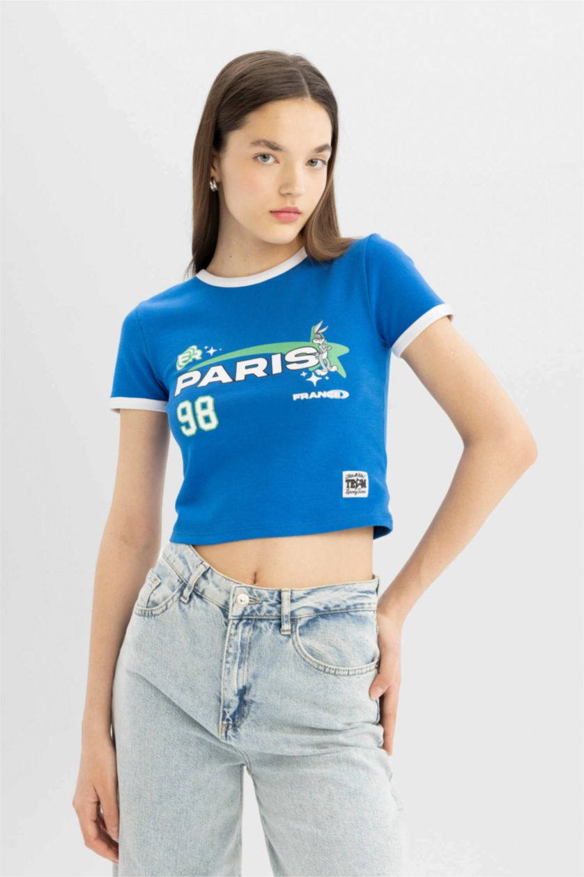 Kadın Royal Coool Looney Tunes Fitted Bisiklet Yaka Ribana Kısa Kollu Tişört