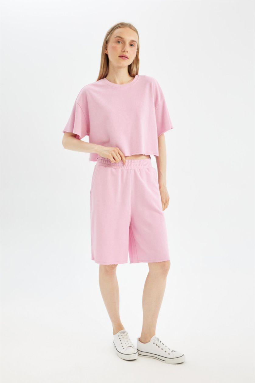 Kadın Pembe Coool Loose Fit Kalın Basic Düz Kısa Kollu Tişört