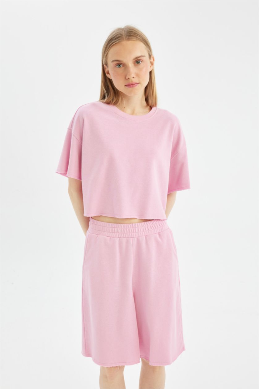 Kadın Pembe Coool Loose Fit Kalın Basic Düz Kısa Kollu Tişört