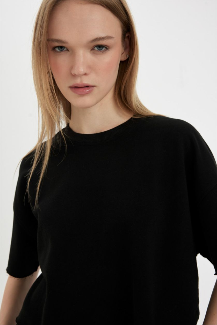 WOMAN Black Loose Fit Thick Fabric Short Sleeve T-Shirt