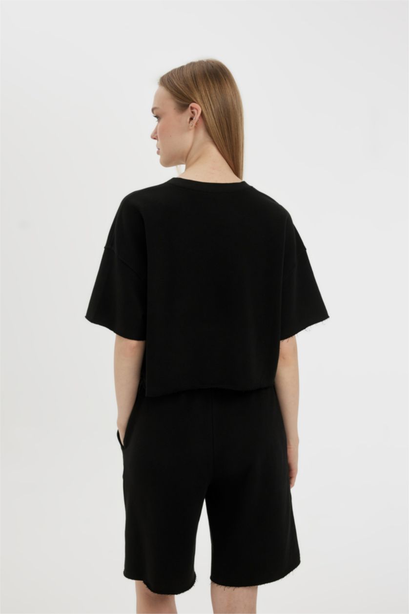 WOMAN Black Loose Fit Thick Fabric Short Sleeve T-Shirt