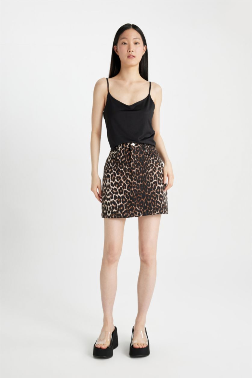 WOMAN Ecru A Cut Leopard Normal Waist Mini Skirt