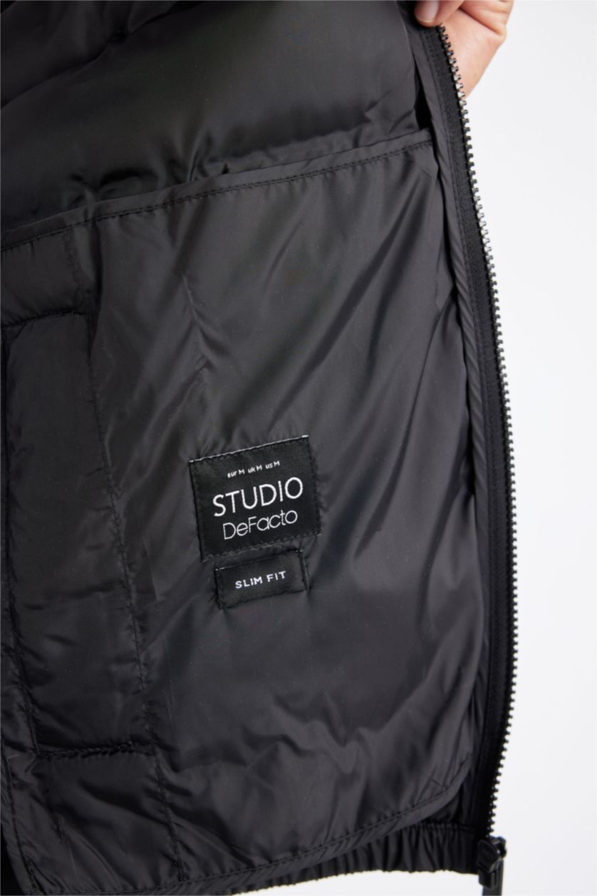 رجال أسود جاكيت نفخ اسود سليم فيت بياقة عالية مقاوم للماء