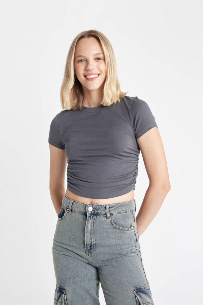 نساء أنثرا تيشيرت نص كم سليم فيت منسوج برقبة مستديرة