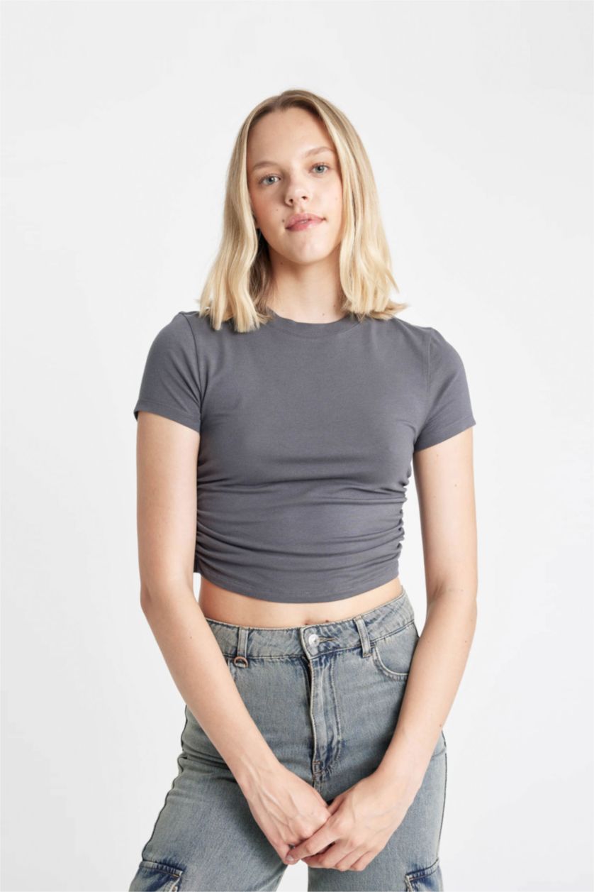 نساء أنثرا تيشيرت نص كم سليم فيت منسوج برقبة مستديرة