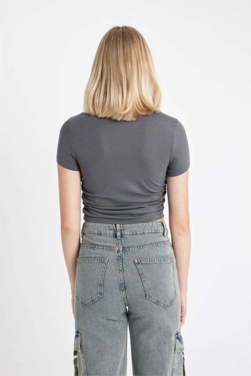 نساء أنثرا تيشيرت نص كم سليم فيت منسوج برقبة مستديرة