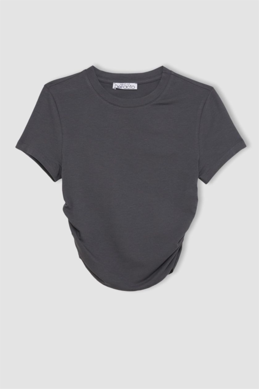 نساء أنثرا تيشيرت نص كم سليم فيت منسوج برقبة مستديرة