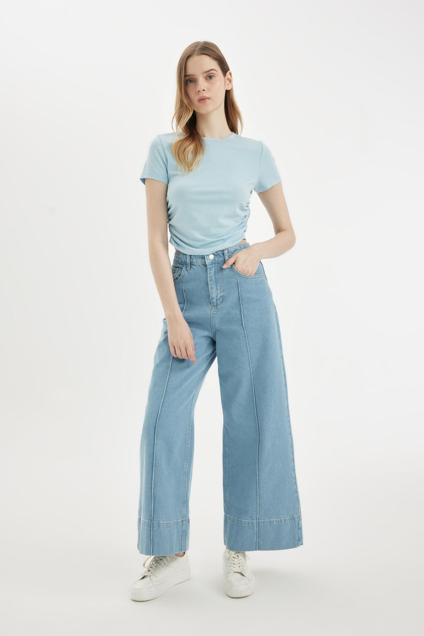 نساء أزرق تيشيرت نص كم سليم فيت منسوج برقبة مستديرة