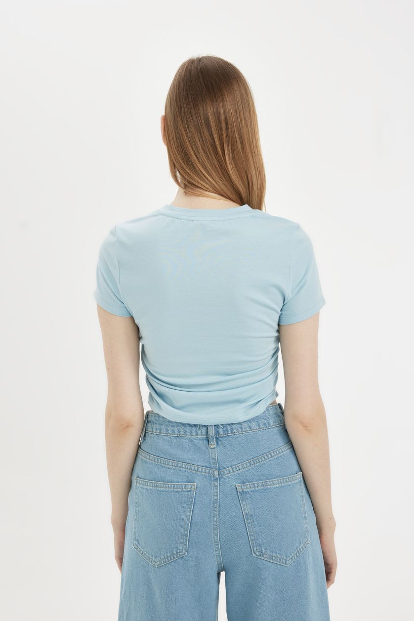 نساء أزرق تيشيرت نص كم سليم فيت منسوج برقبة مستديرة