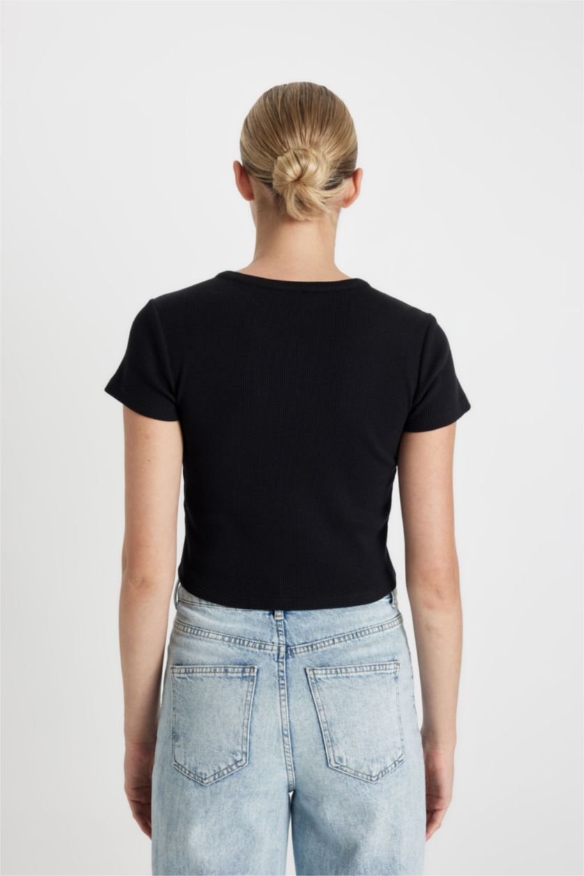 نساء أسود تيشيرت نص كم وافل سليم فيت برقبة مستديرة