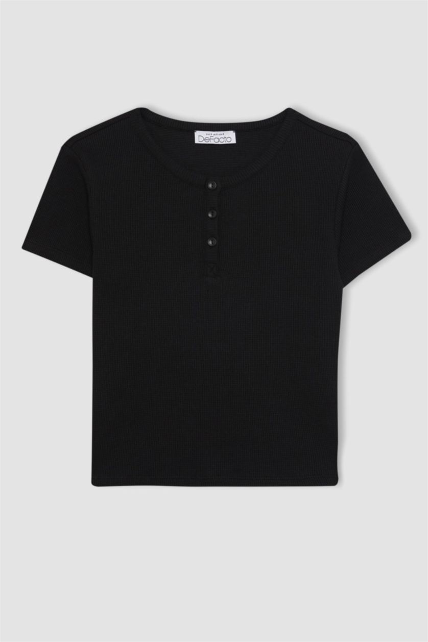 نساء أسود تيشيرت نص كم وافل سليم فيت برقبة مستديرة