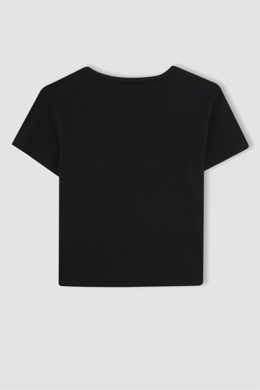 نساء أسود تيشيرت نص كم وافل سليم فيت برقبة مستديرة