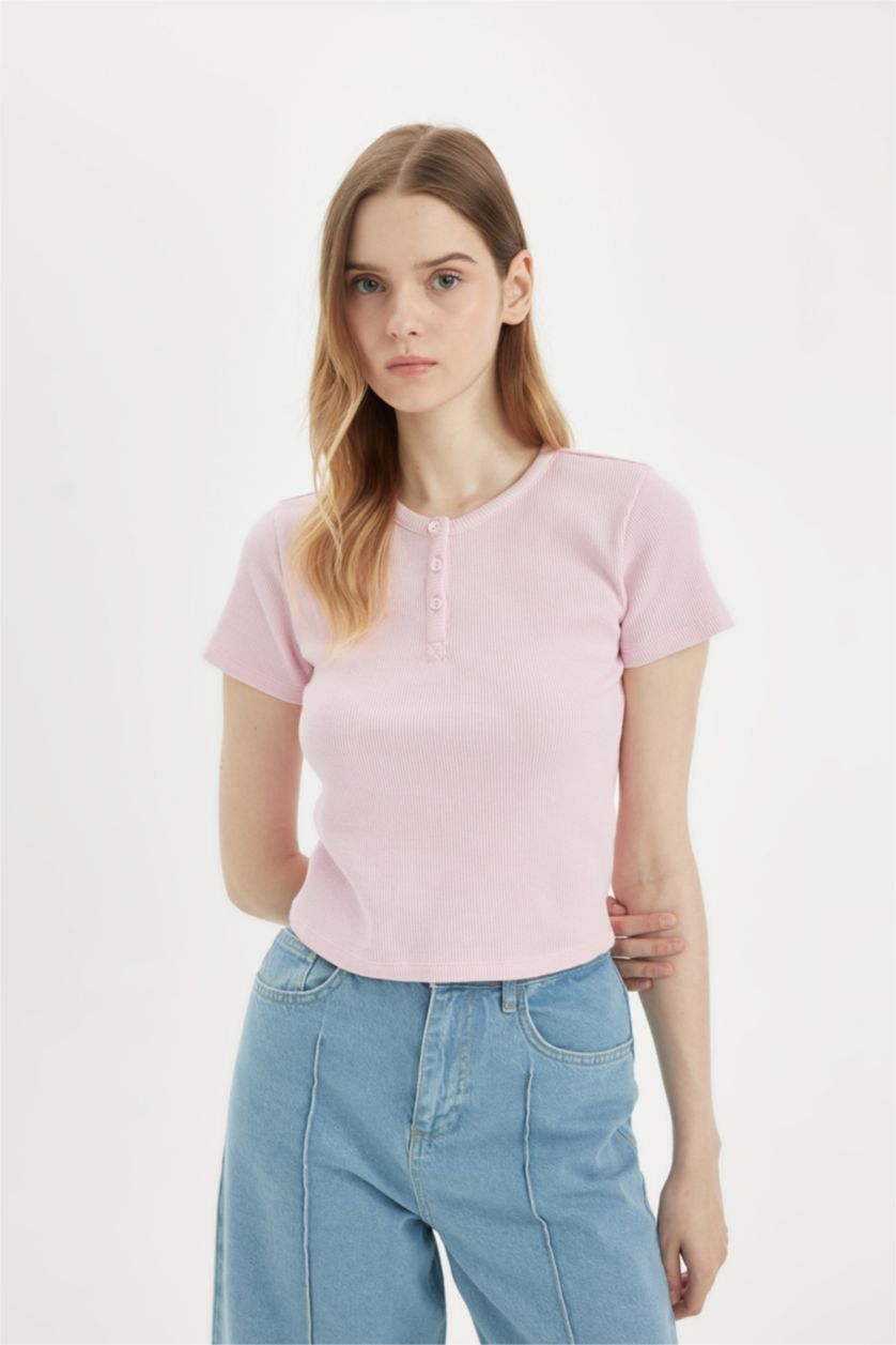 Woman Pink Fitted Crew Neck Waffle Short Sleeve T-Shirt