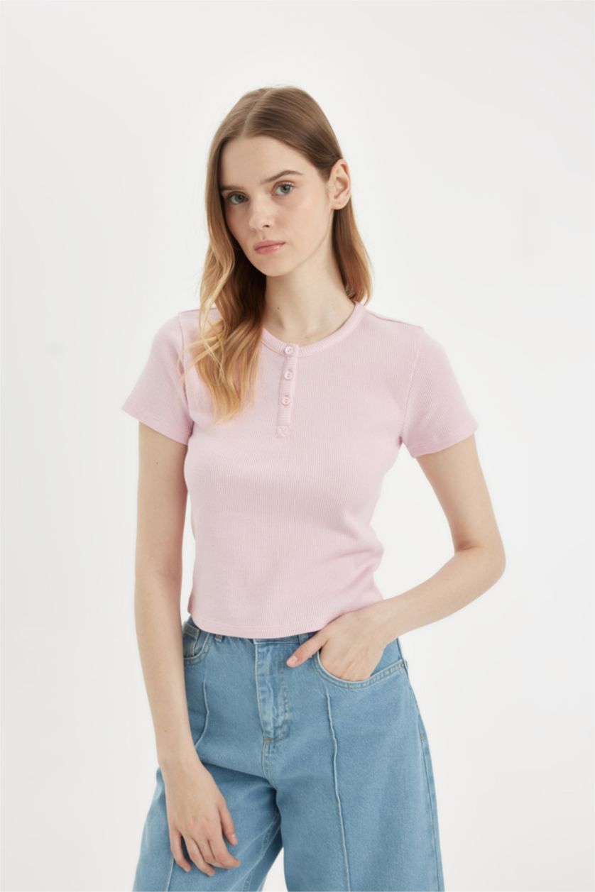 Woman Pink Fitted Crew Neck Waffle Short Sleeve T-Shirt