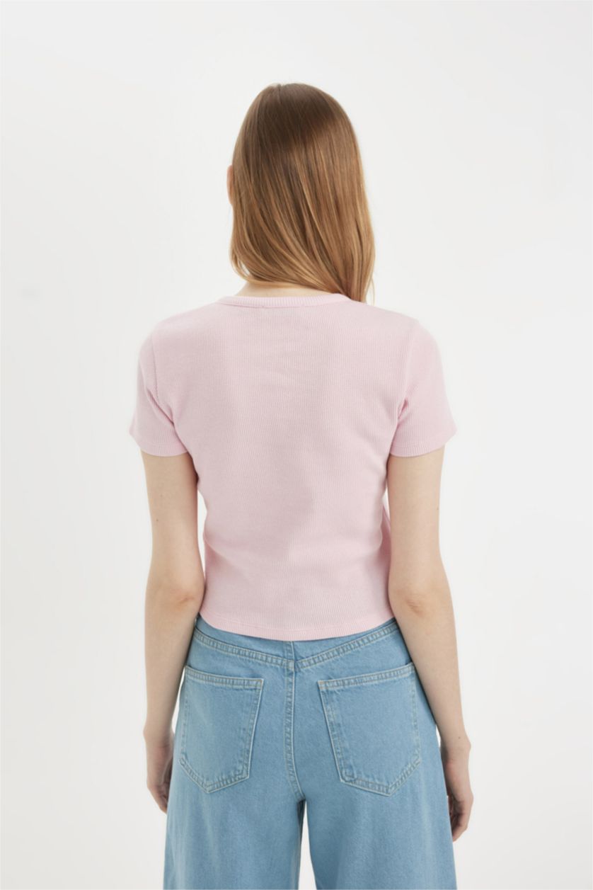 Woman Pink Fitted Crew Neck Waffle Short Sleeve T-Shirt