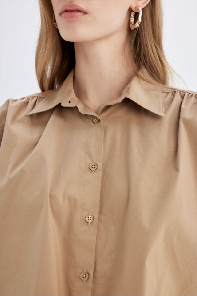Kadın Camel Crop Poplin Kısa Kollu Gömlek