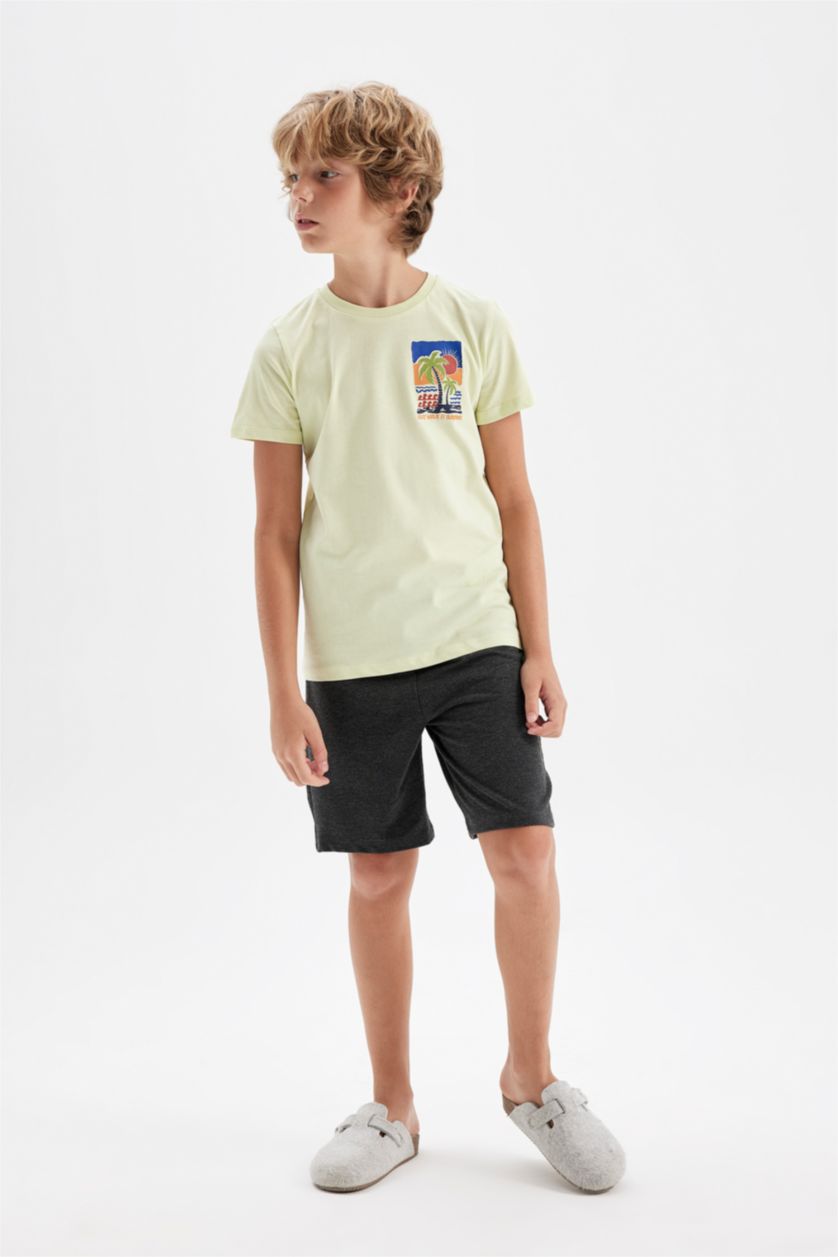 Erkek Çocuk - Genç Erkek Açık Mint Erkek Çocuk Pijama Takım Baskılı Kısa Kollu Beli Lastikli Şort Alt