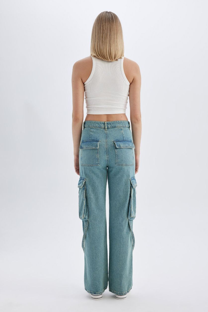 Kadın Açık İndigo Wıde Leg Kargo Yüksek Bel Uzun Jean Yıkamalı Pantolon