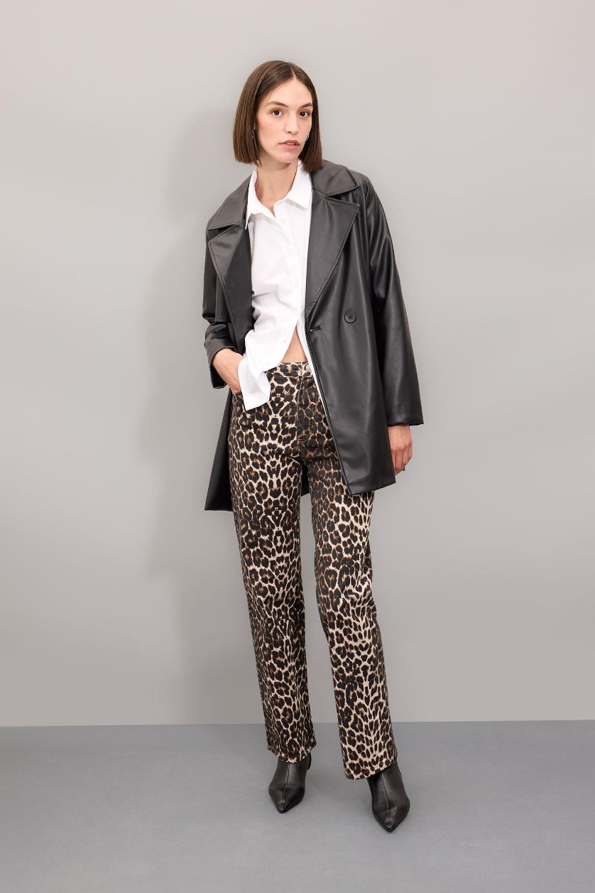 Woman Stone Straight Fit High Waist Long Gabardine Leopard Trousers