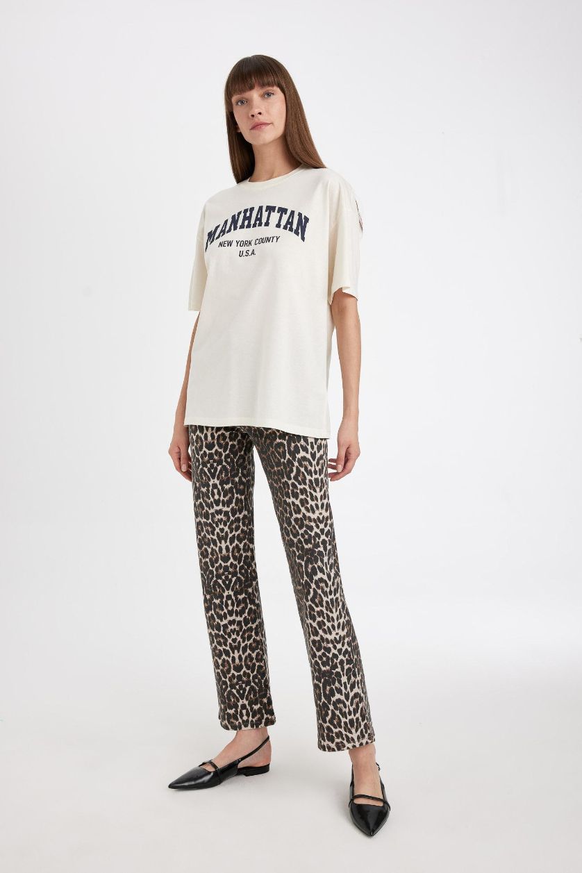 Woman Stone Straight Fit High Waist Long Gabardine Leopard Trousers