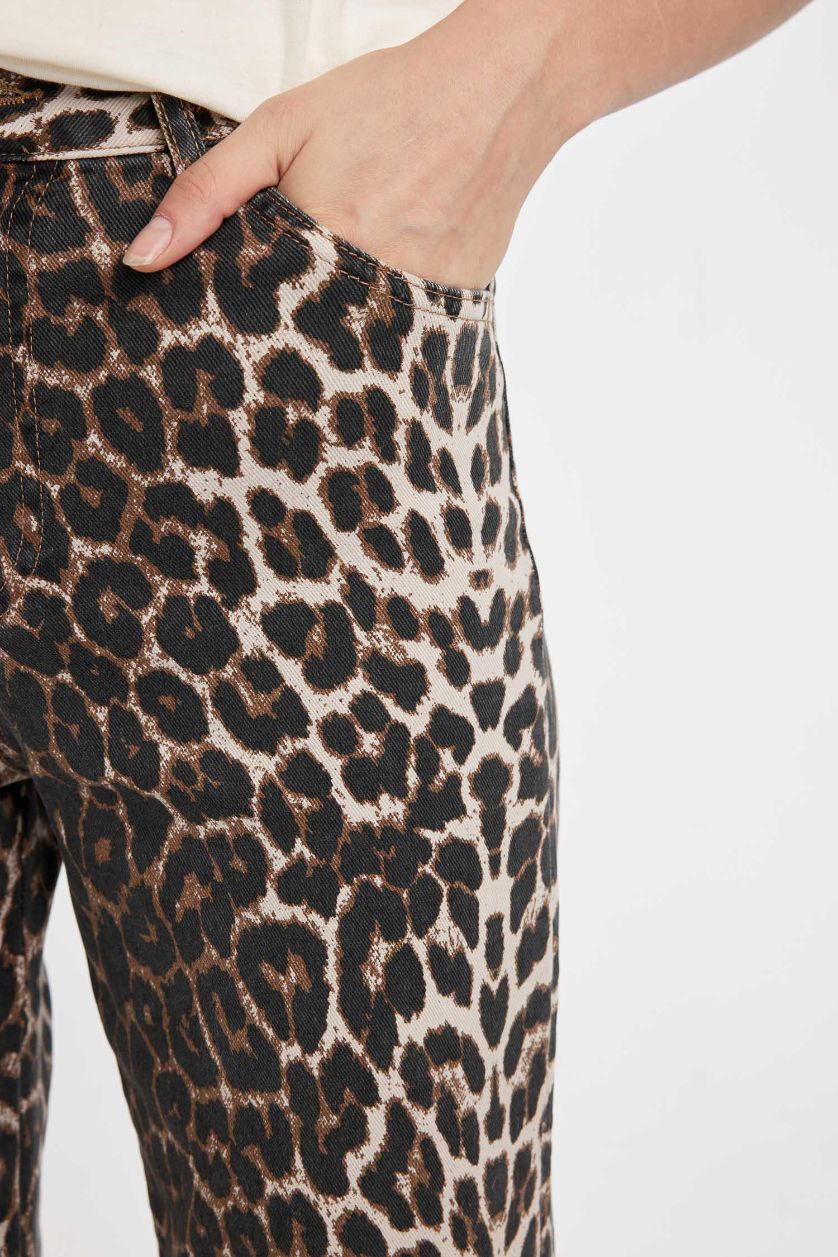 Woman Stone Straight Fit High Waist Long Gabardine Leopard Trousers