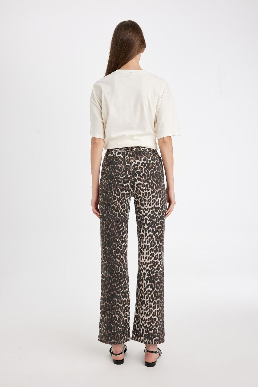 Woman Stone Straight Fit High Waist Long Gabardine Leopard Trousers