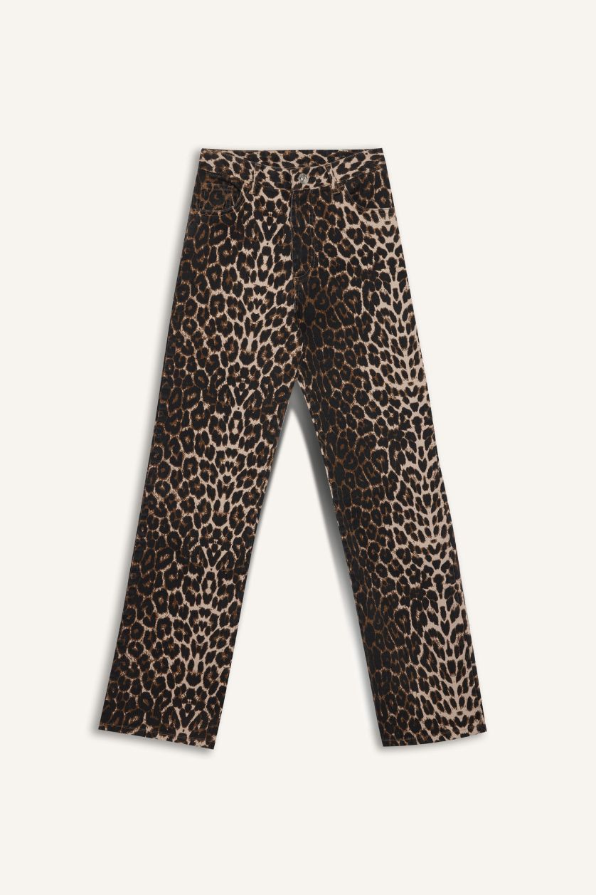 Woman Stone Straight Fit High Waist Long Gabardine Leopard Trousers