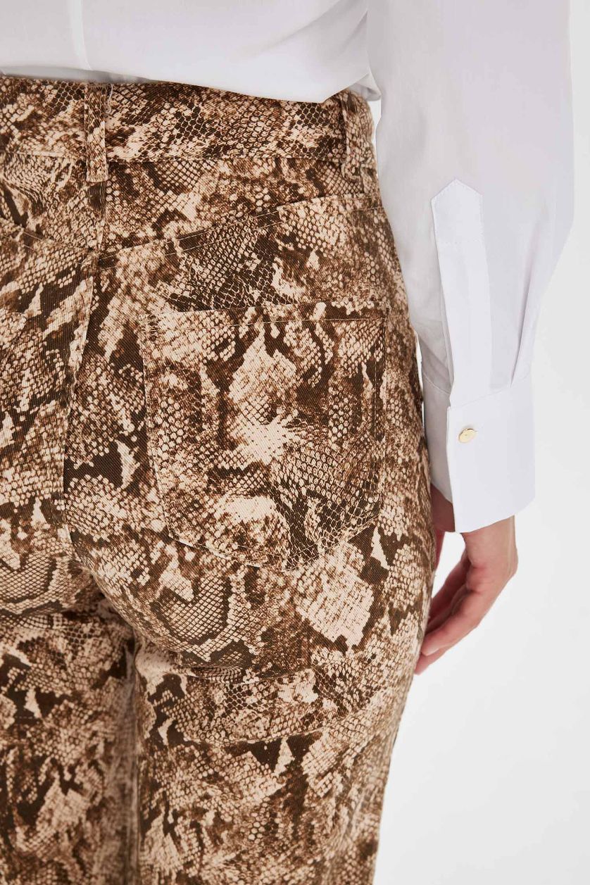 Kadın Bej Straight Fit Gabardin Palazzo Pantolon Yılan Derisi Desenli Yüksek Bel Cepli Uzun