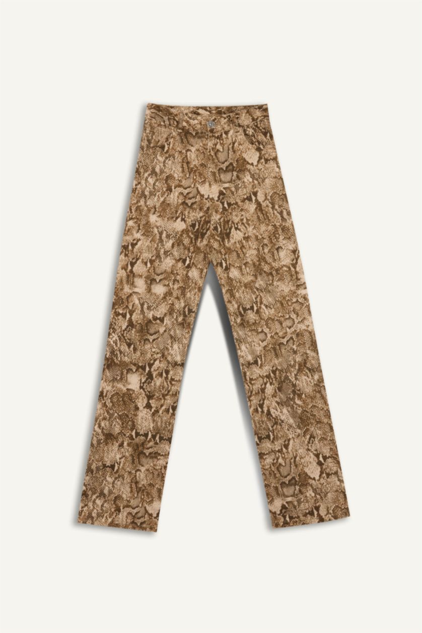 Kadın Bej Straight Fit Gabardin Palazzo Pantolon Yılan Derisi Desenli Yüksek Bel Cepli Uzun