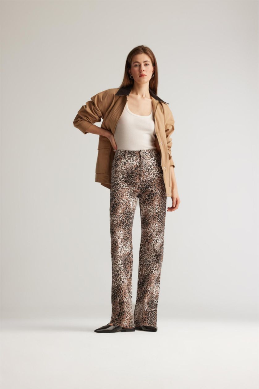 WOMAN Black Straight Fit High Waist Snake Patterned Gabardine Trousers