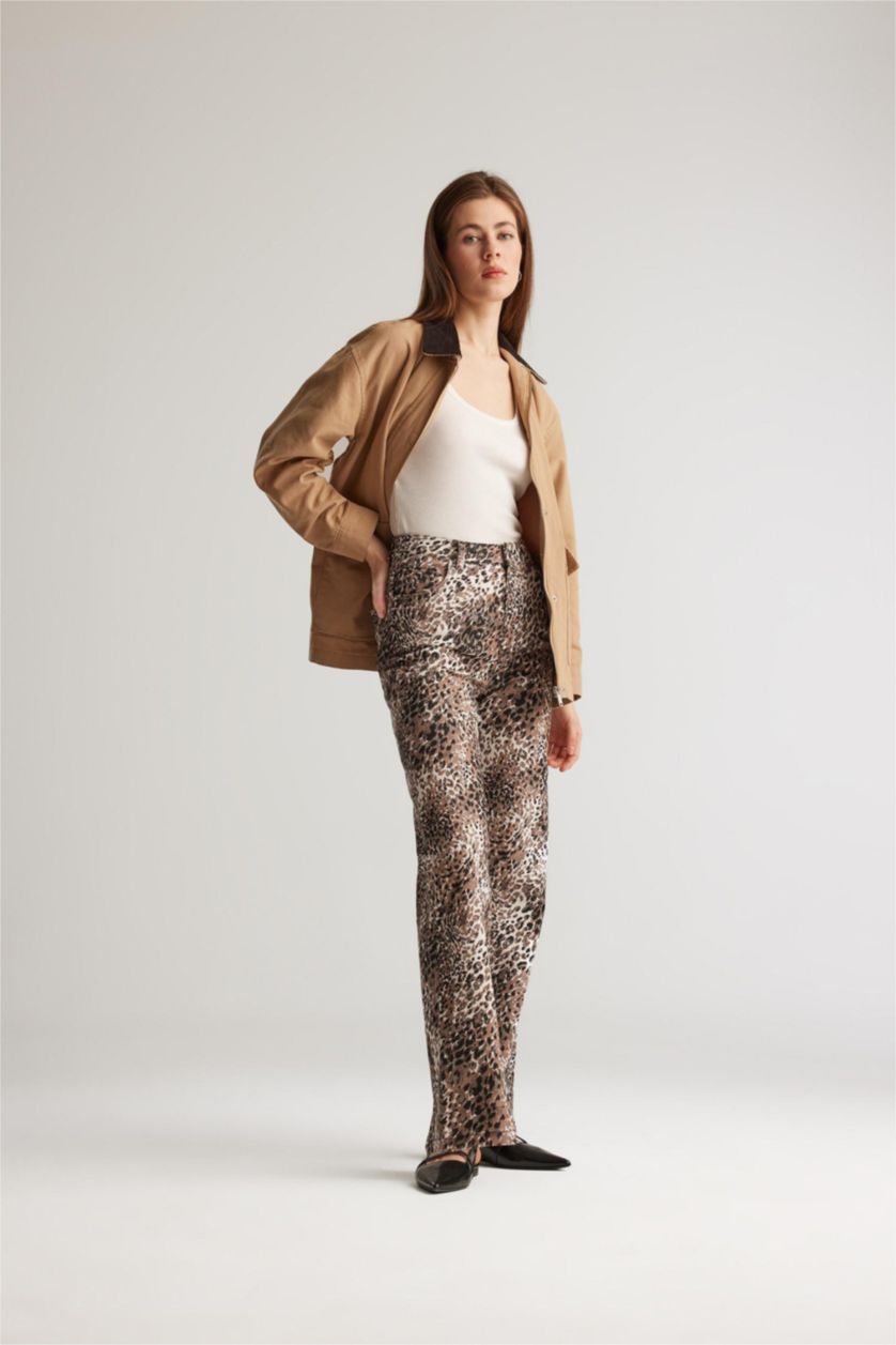 WOMAN Black Straight Fit High Waist Snake Patterned Gabardine Trousers