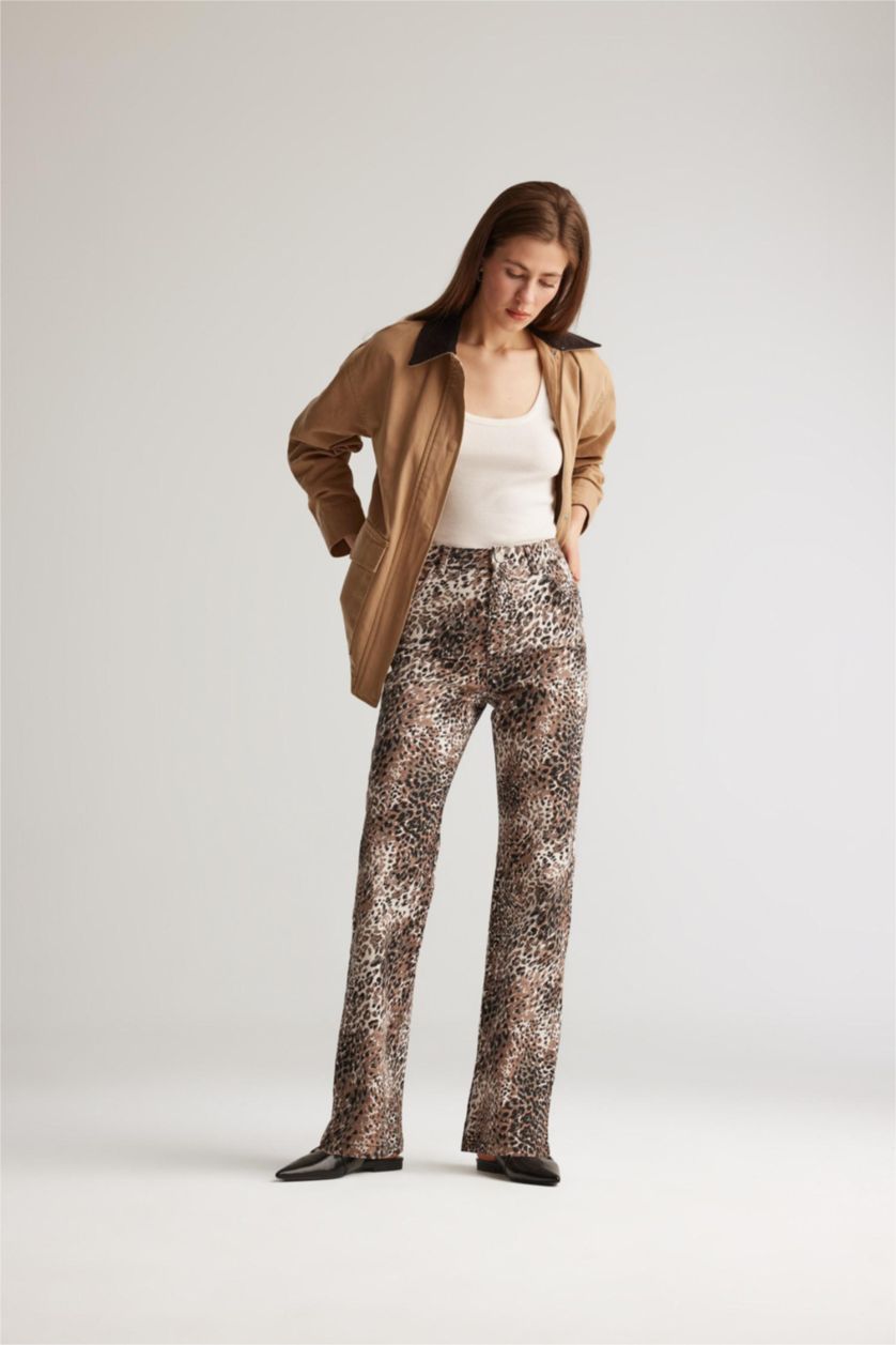 WOMAN Black Straight Fit High Waist Snake Patterned Gabardine Trousers