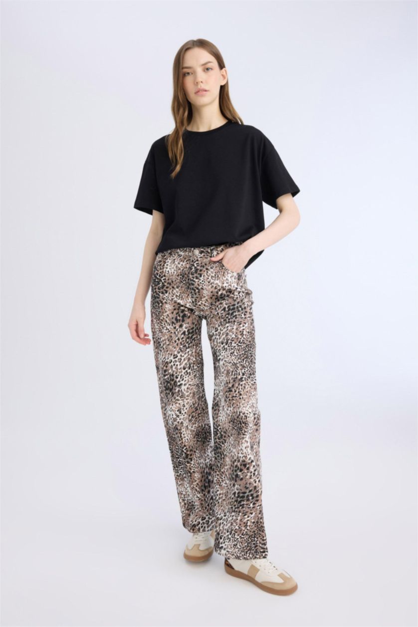 WOMAN Black Straight Fit High Waist Snake Patterned Gabardine Trousers