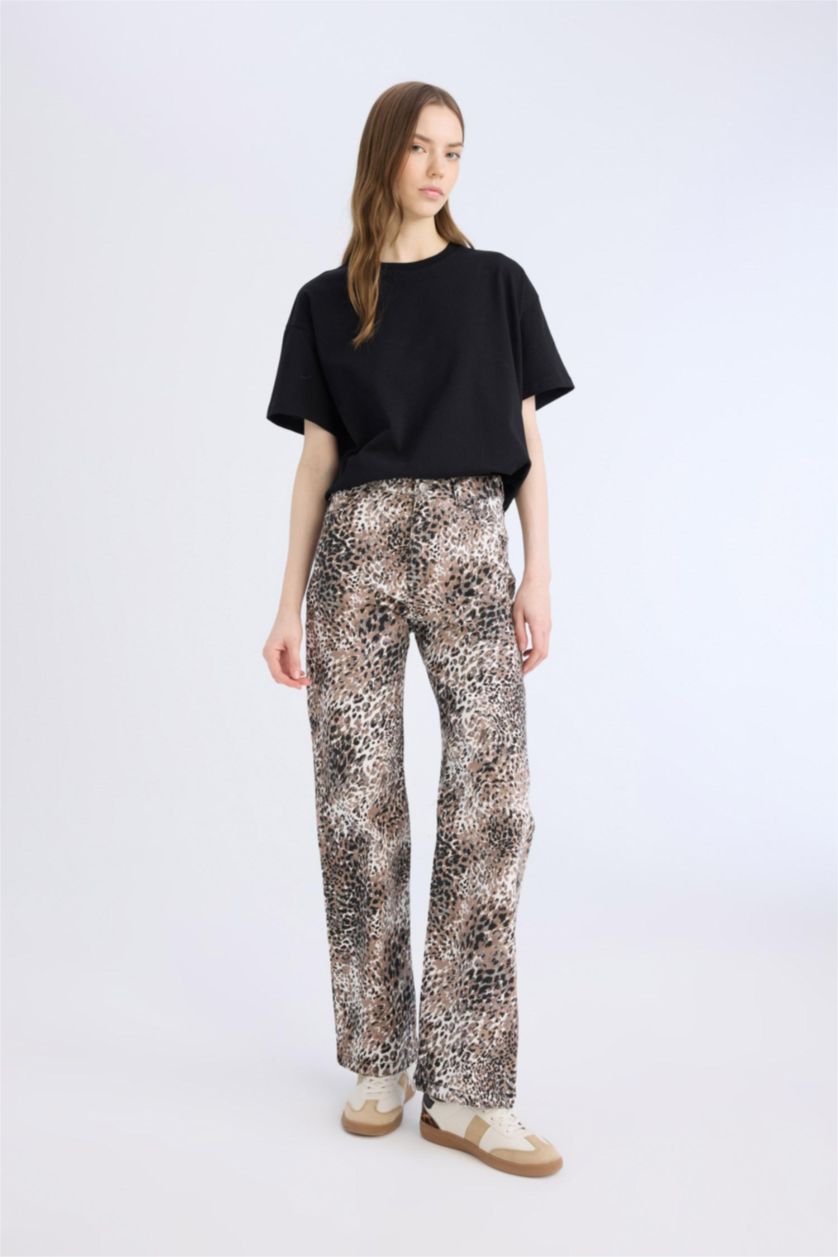 WOMAN Black Straight Fit High Waist Snake Patterned Gabardine Trousers