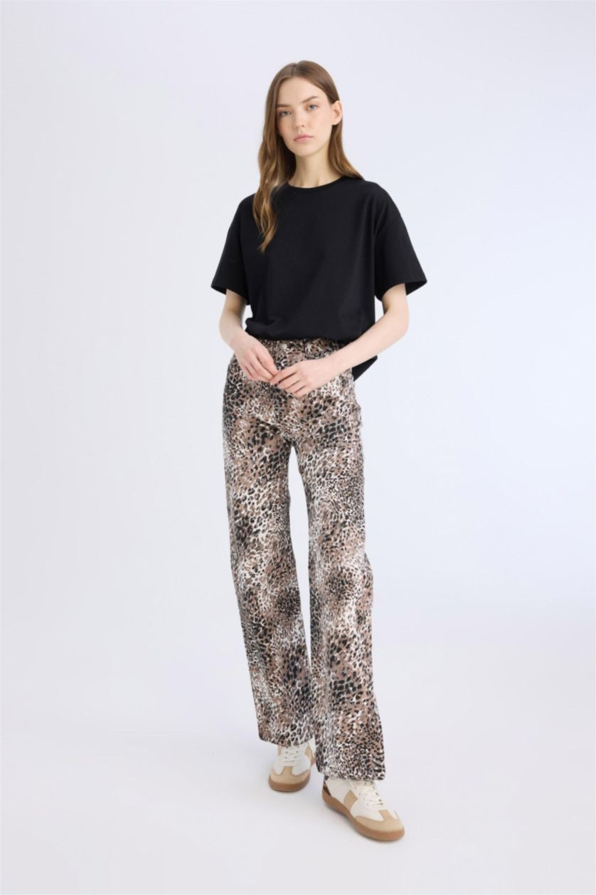 WOMAN Black Straight Fit High Waist Snake Patterned Gabardine Trousers