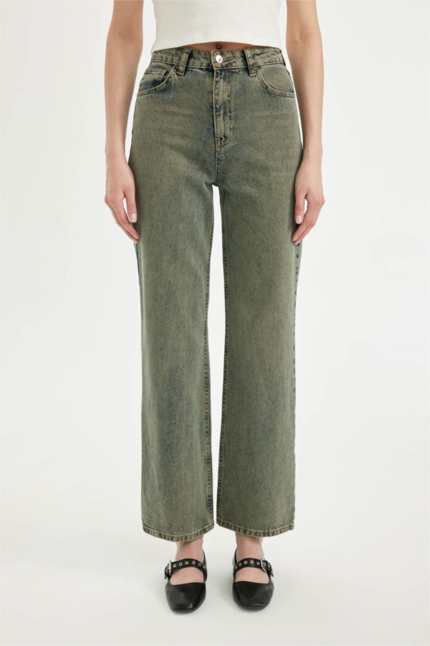 Woman Light Indigo Wide Leg High Waist Long Washed Jeans