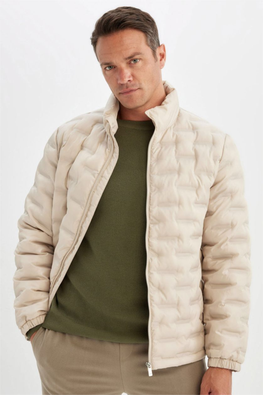 MAN Light Beige Beige Waterproof Slim Fit Stand Collar Zippered Quilted Puffer Jacket