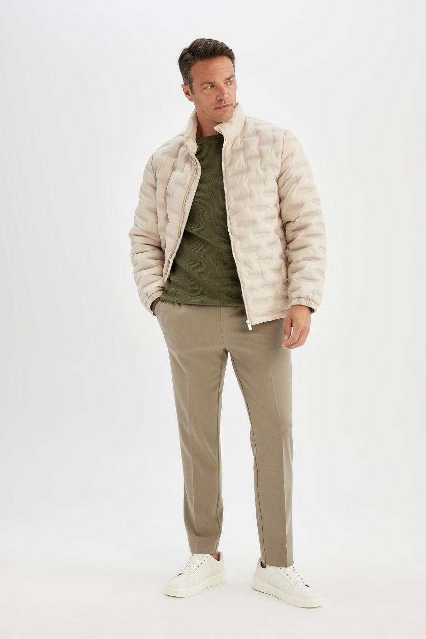 MAN Light Beige Beige Waterproof Slim Fit Stand Collar Zippered Quilted Puffer Jacket