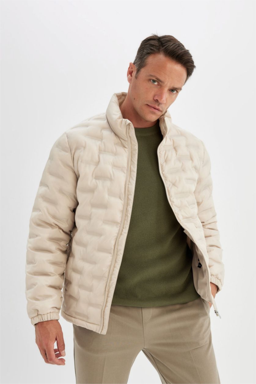 MAN Light Beige Beige Waterproof Slim Fit Stand Collar Zippered Quilted Puffer Jacket